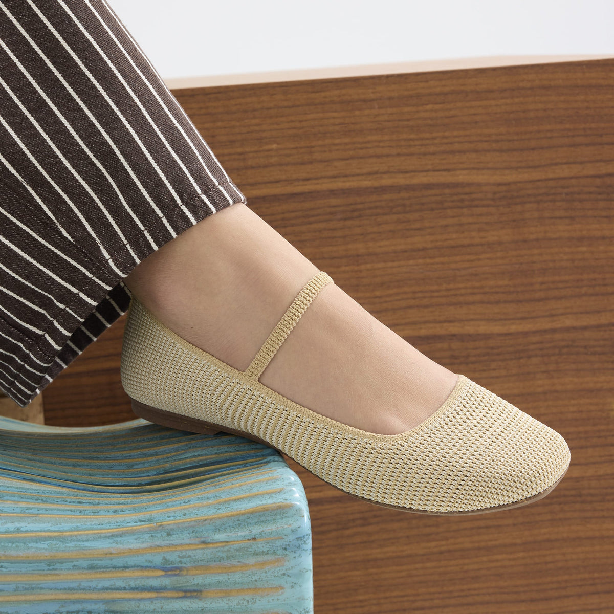 Rothys The Max Square Mary Jane in Cream Raffia Knit