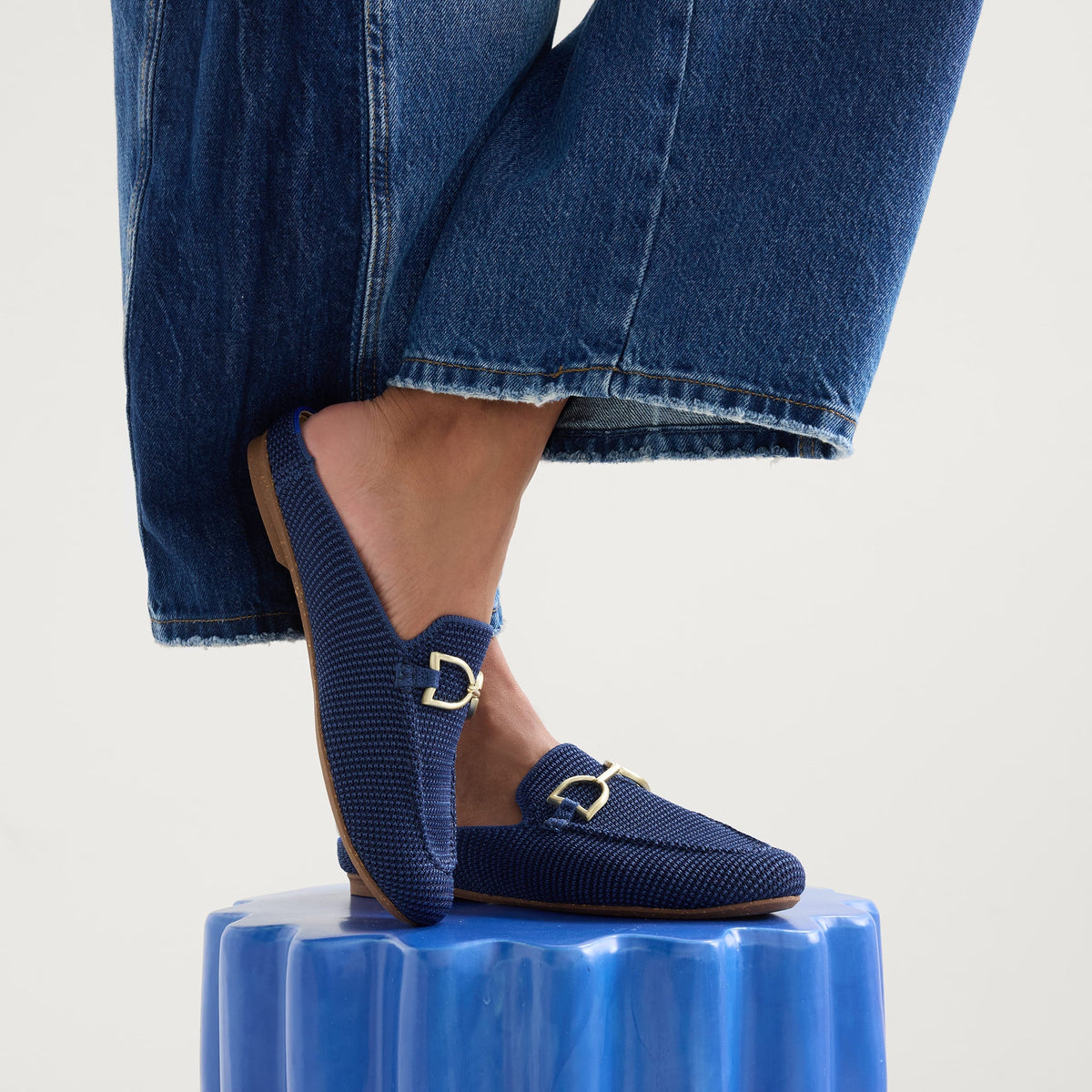 Rothys The Double Bit Loafer Mule in Blue Raffia-Knit