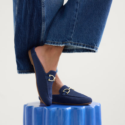 Rothys The Double Bit Loafer Mule in Blue Raffia-Knit