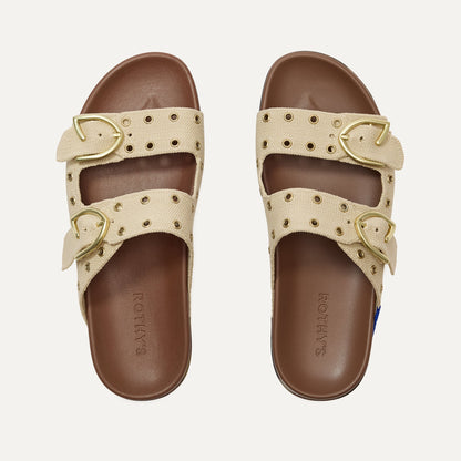Rothys The Buckle Slide in Eyelet Wheat