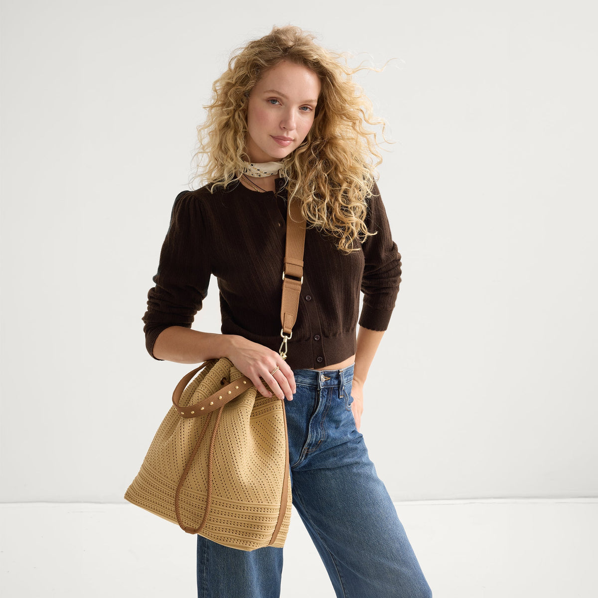 Rothys The Cinch Bucket Bag in Brown Butter Crochet