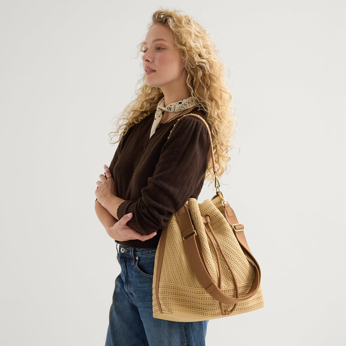 Rothys The Cinch Bucket Bag in Brown Butter Crochet