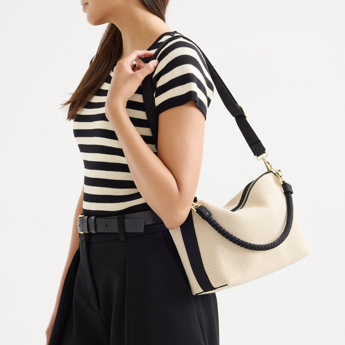 Rothys The Daily Crossbody in Black and White Raffia-Knit