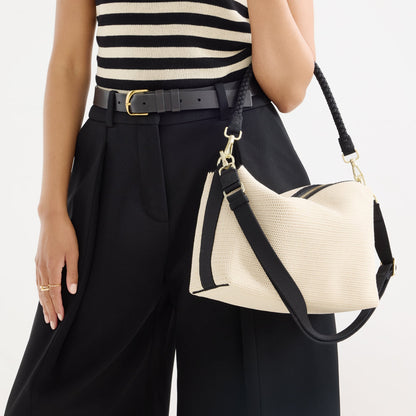 Rothys The Daily Crossbody in Black and White Raffia-Knit
