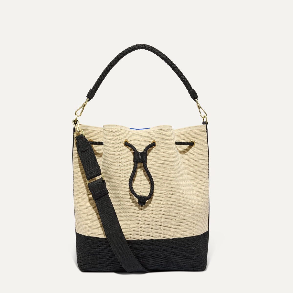 Rothys The Cinch Bucket Bag in Black and White Raffia-Knit