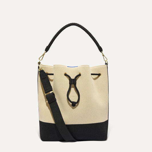 Rothys The Cinch Bucket Bag in Black and White Raffia-Knit