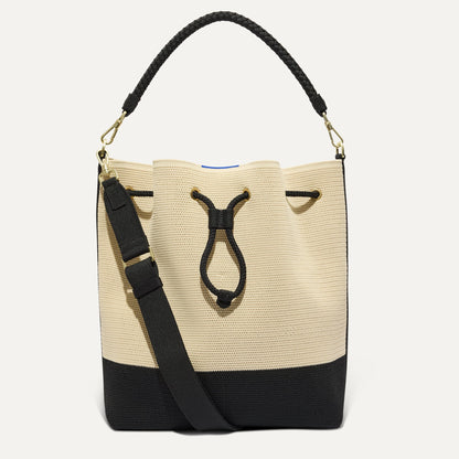 Rothys The Cinch Bucket Bag in Black and White Raffia-Knit