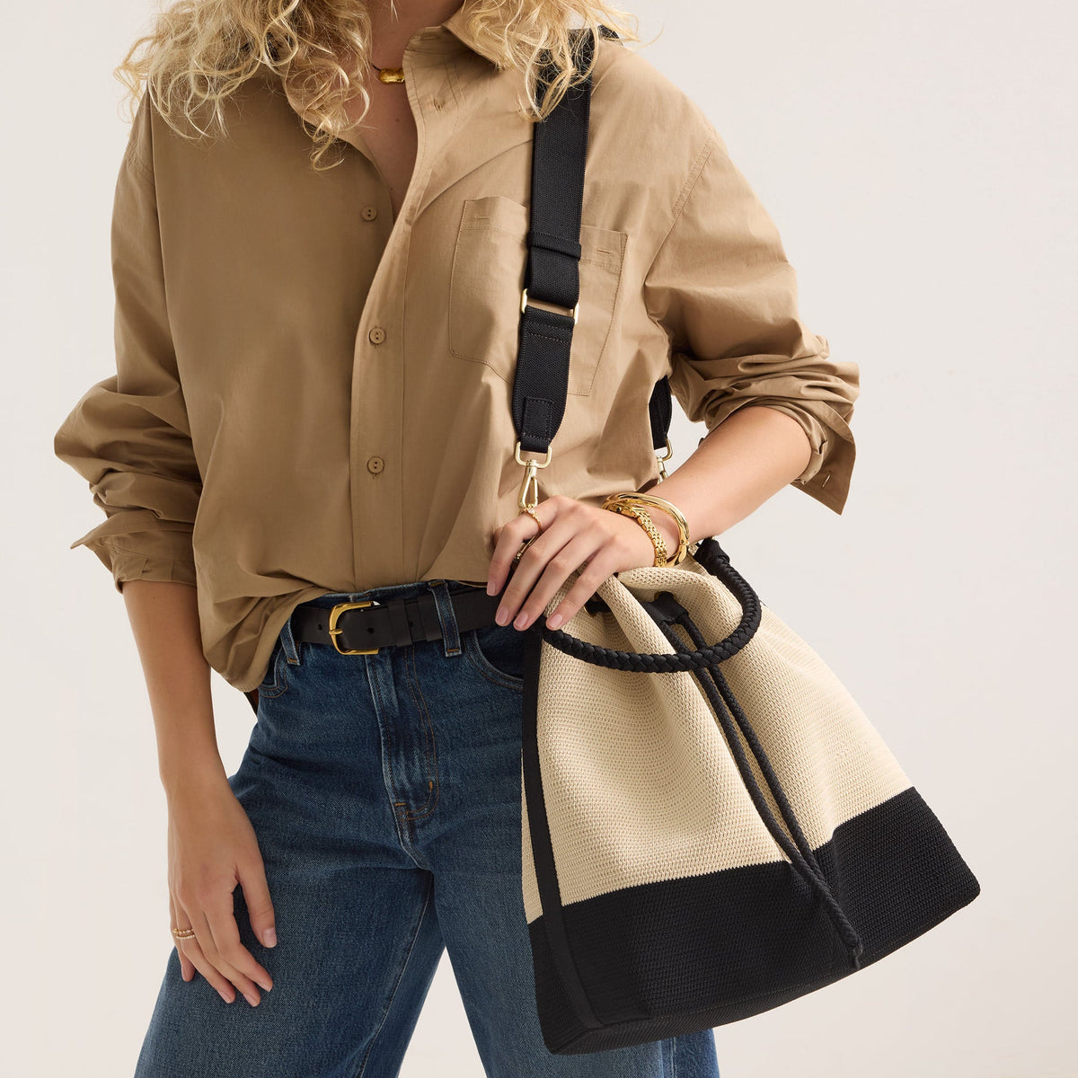 Rothys The Cinch Bucket Bag in Black and White Raffia-Knit