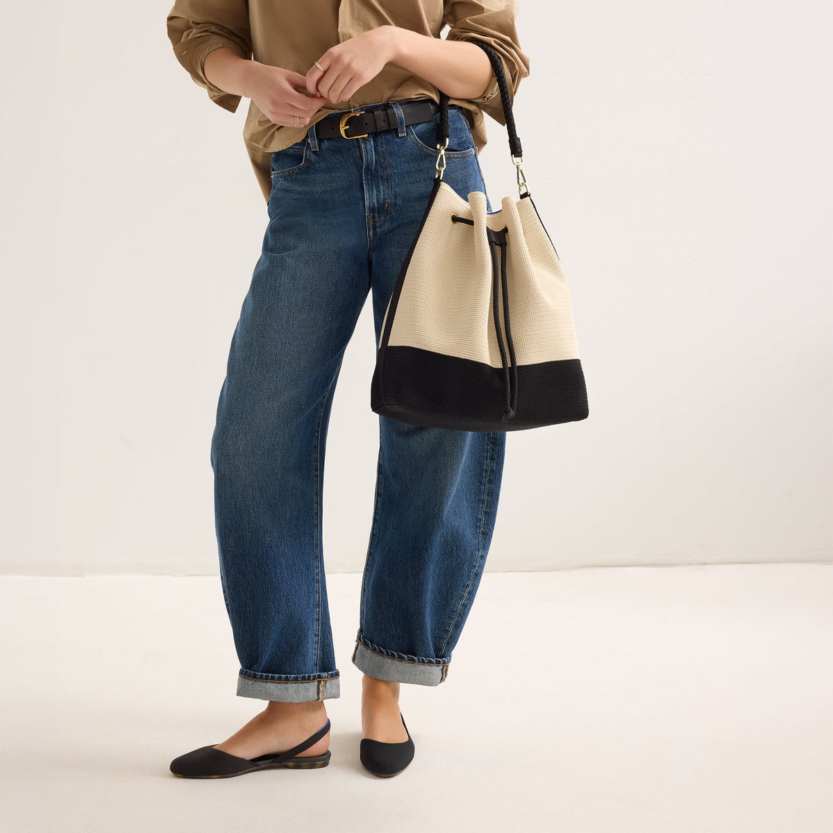 Rothys The Cinch Bucket Bag in Black and White Raffia-Knit