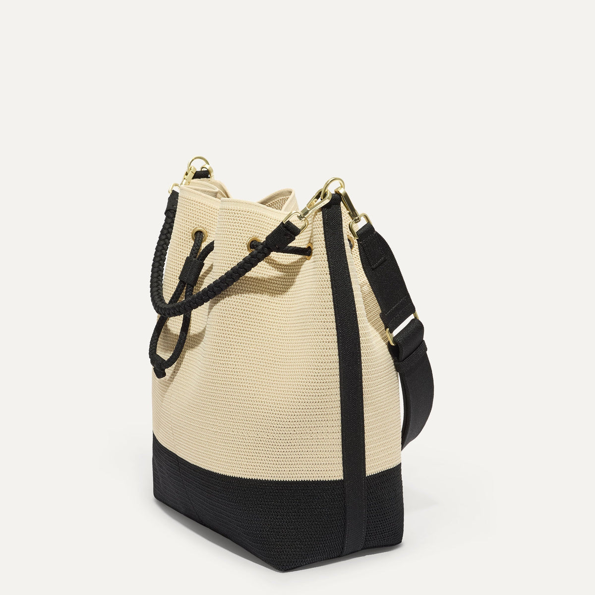 Rothys The Cinch Bucket Bag in Black and White Raffia-Knit