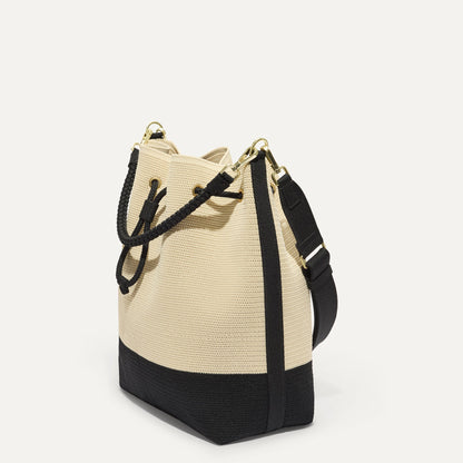 Rothys The Cinch Bucket Bag in Black and White Raffia-Knit