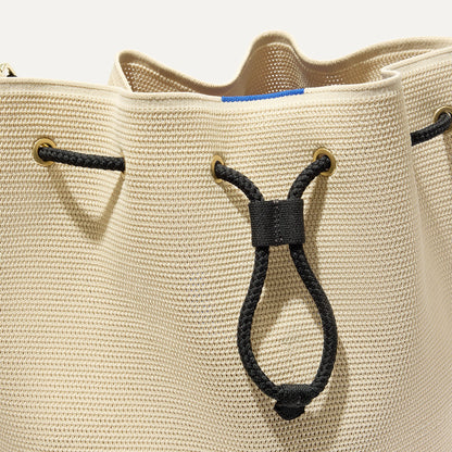 Rothys The Cinch Bucket Bag in Black and White Raffia-Knit