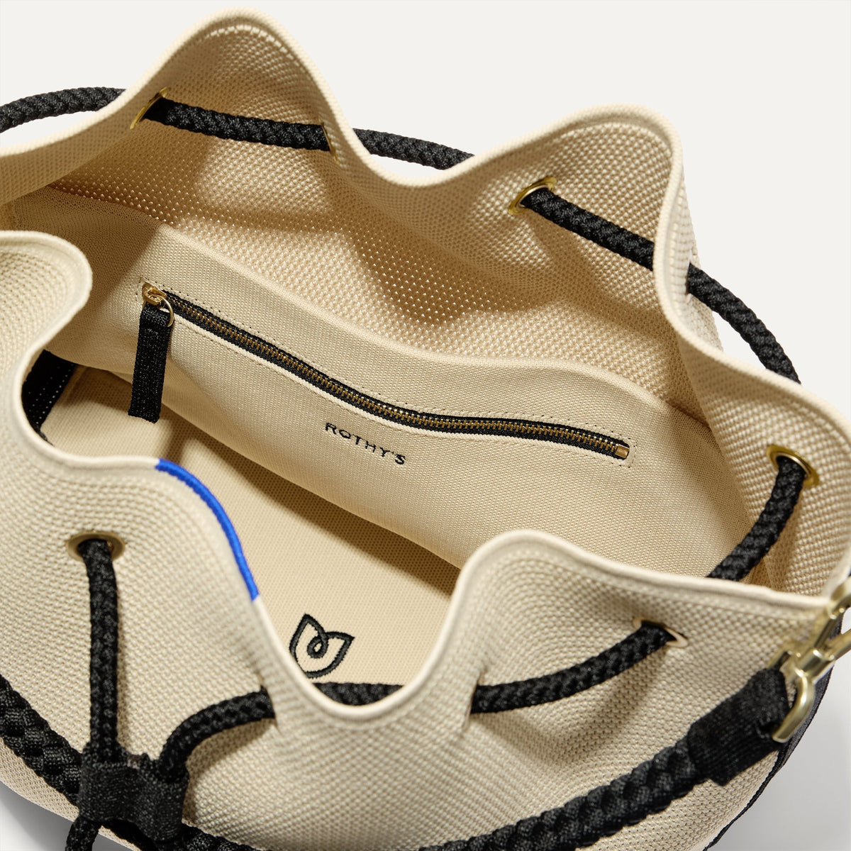 Rothys The Cinch Bucket Bag in Black and White Raffia-Knit