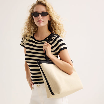 Rothys The Lightweight Zipper Tote in Black and White Raffia-Knit