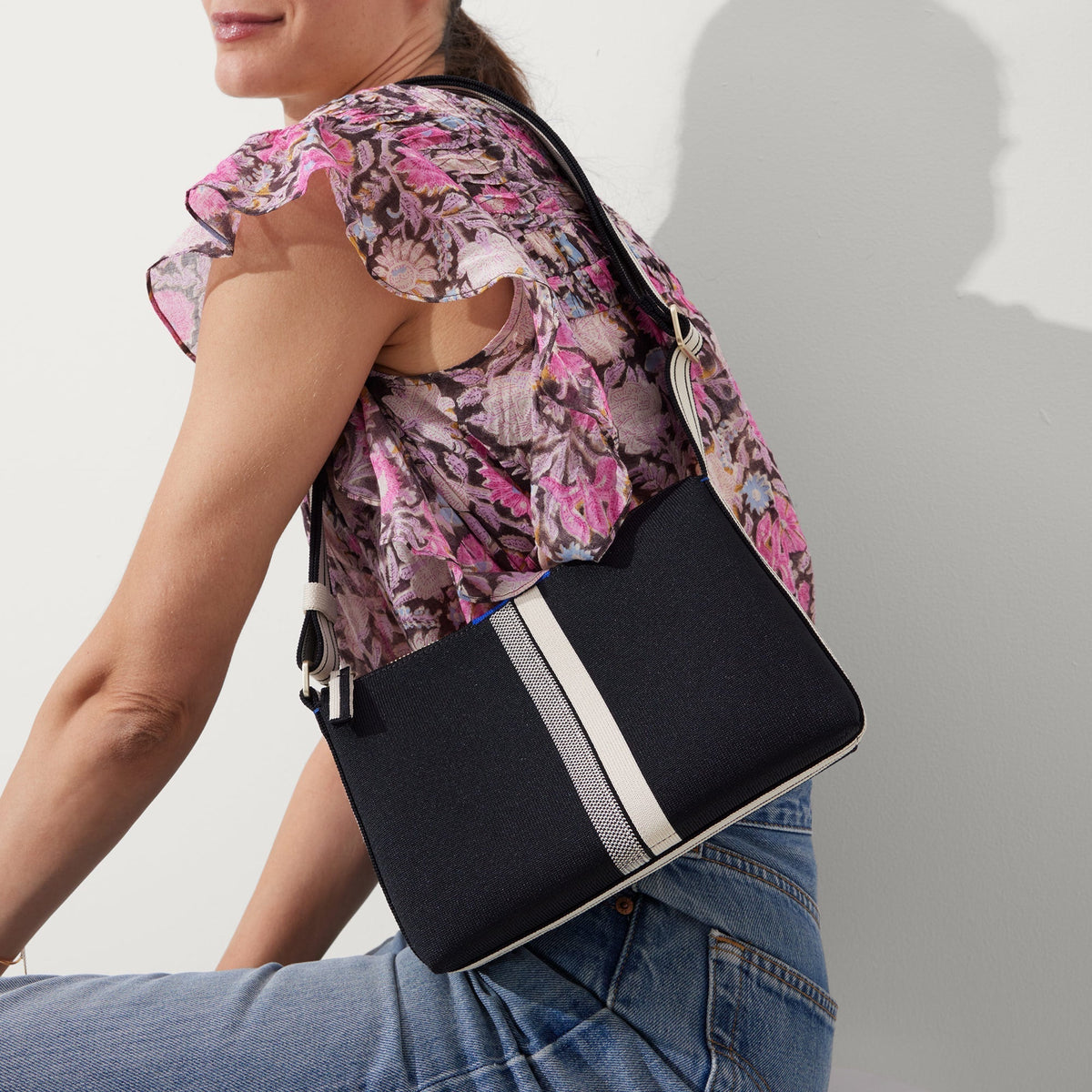 Rothys The Casual Crossbody in Black and Ivory Stripe