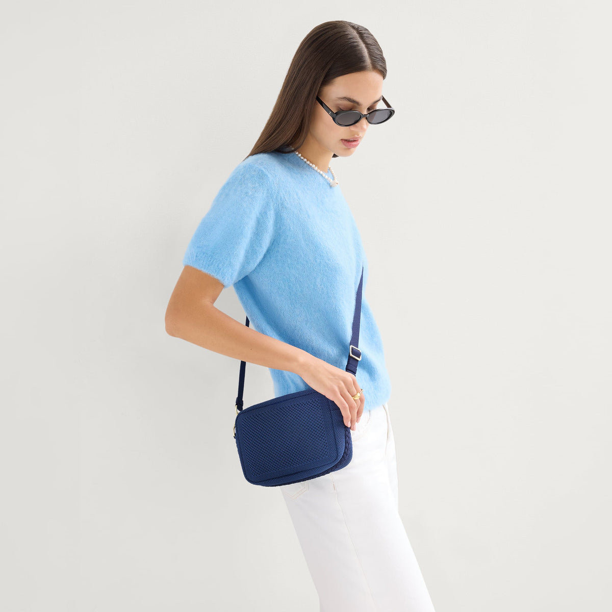 Rothys The Crossbody Camera Bag in Lagoon Open-Knit
