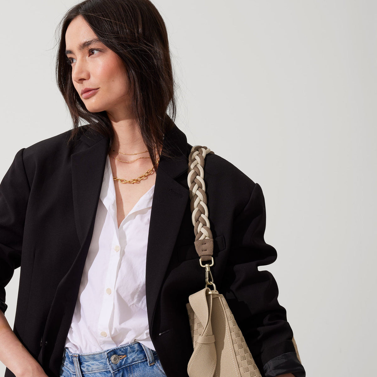 Rothys The Shoulder Strap in Cream and Cocoa Braid